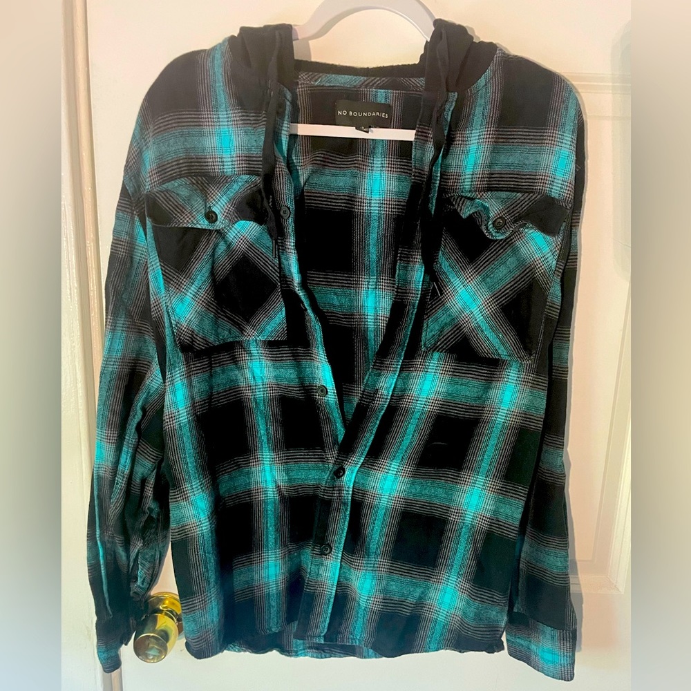 Teal and Black Hooded Men’s XS Flannel